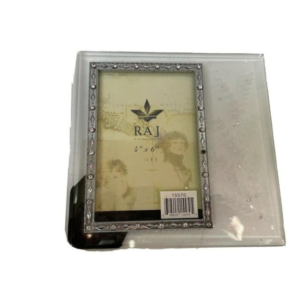Raj Collection 4 x 6" Etched Floral Glass Photo Faux Diamond Silver Frame